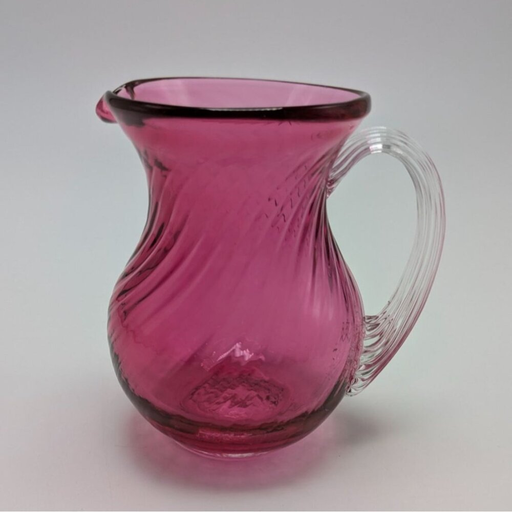 Pilgrim Swirl Cranberry Glass Creamer Pitcher Clear Handle Vintage